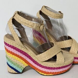 JustFab MIA Rainbow Raffia Wedge Platform Sandals Tan Multicolor Size 7.5 Coasta